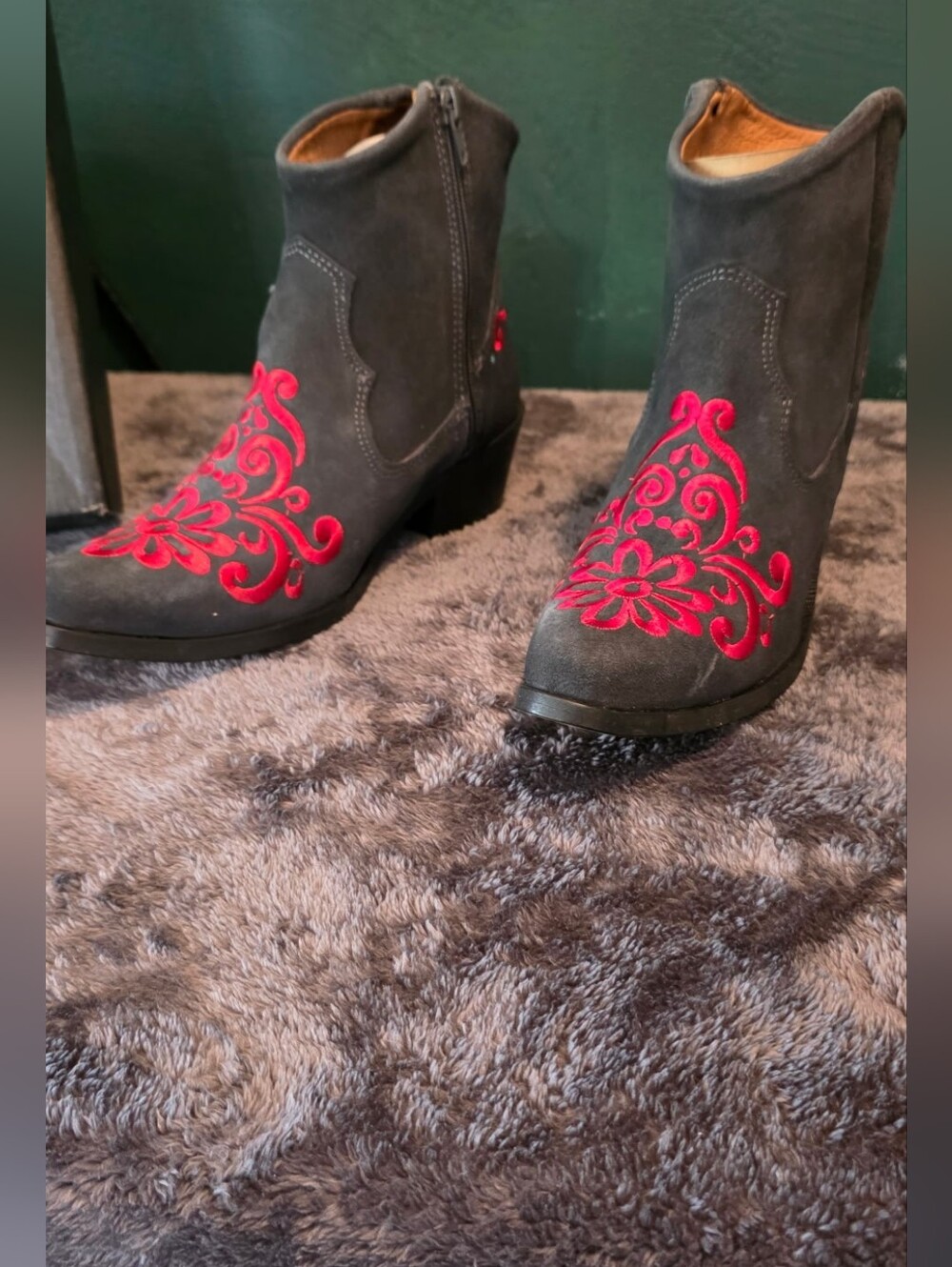 Black Suede Ankle Booties with Red Embroidered Detail